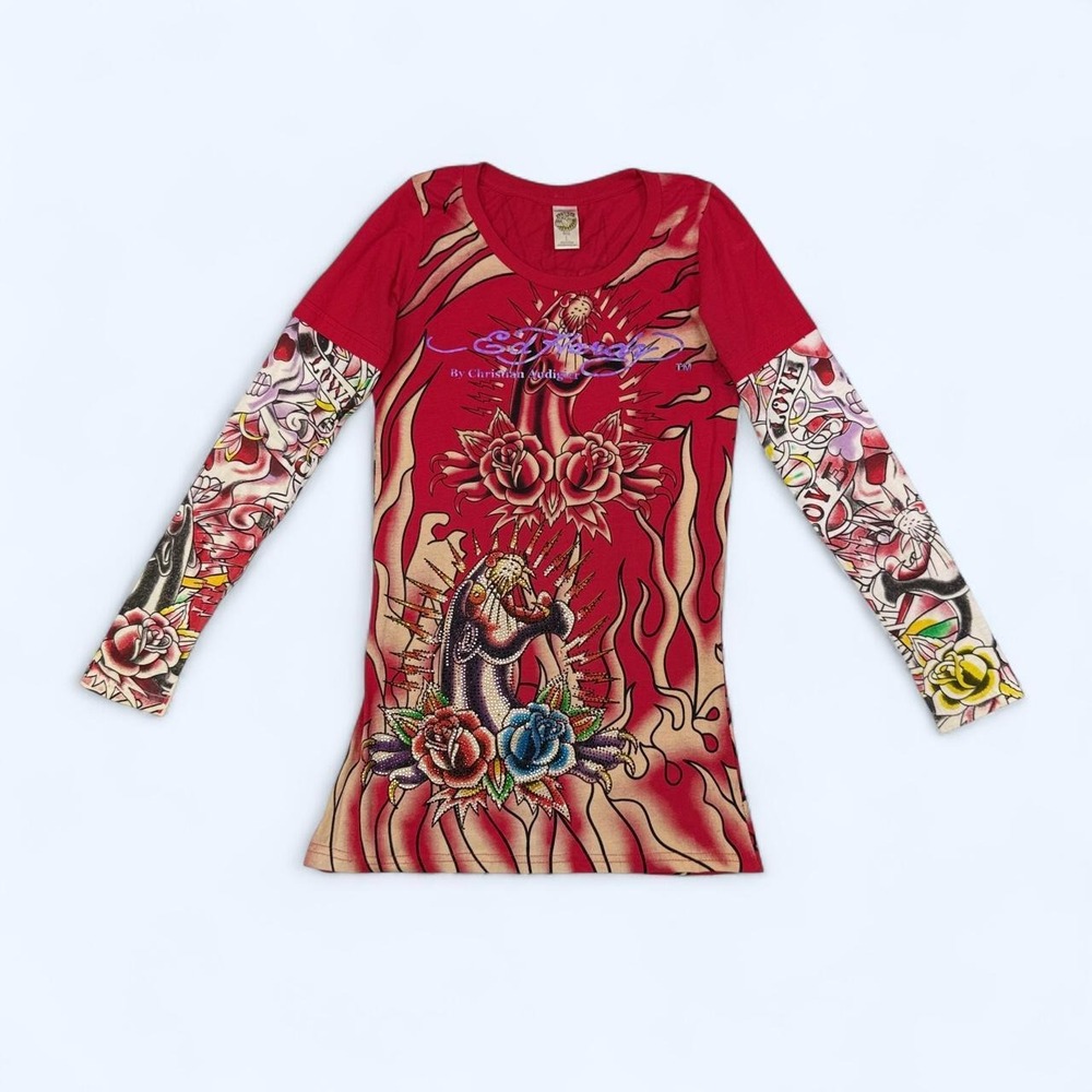 Ed Hardy Christian Audigier Vintage Y2K Rhinestone Tattoo Print Layered Top L
